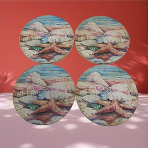 Lot 4 Beach Theme Stoneware Coasters Cork Back Shells Starfish Beach House Decor